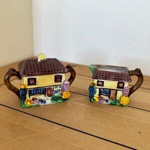 English Cottage Shape Creamer & Sugar Bowl with Lid Set Vintage Ceramic Japan